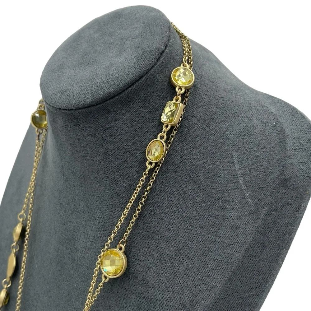 Gold Tone Long Chain‎ Necklace With Yellow Coins & Crystals & Drop Earrings Set